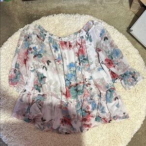 DR2 Blue and Pink Ruffled 3/4 Sleeve Blouse